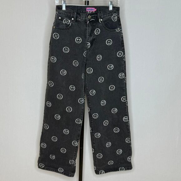 Edikted Moody Wide Leg Baggy Distressed Jeans with Happy Sad Faces - Picture 1 of 6